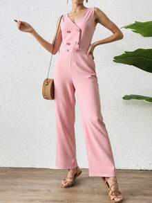 Jumpsuit Elegante Casual Formal Semiformal Tela Suave Botones Ajustables Elegante Dama Mujer Chic Estilo Oficina Trabajo - Rosa - Ver 1