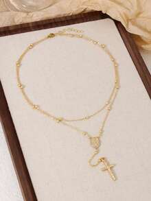 1 件复古十字架和圣母玛利亚吊坠双层珍珠 Y 型项链，适合派对和日常佩戴的女士珠宝（珠子数量随机） - 金色 - 查看 2