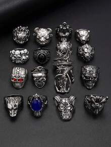 16pcs/Set Stylish Punk Sheep Skull Gemstone Rings, Charming Accessories For Men Party Wear - Antique Silver - View 1