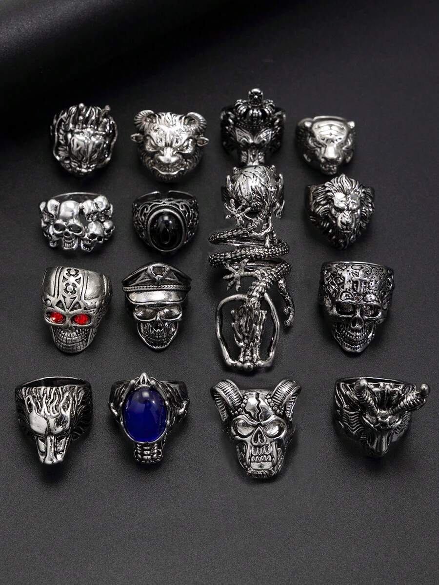 16pcs/Set Stylish Punk Sheep Skull Gemstone Rings, Charming Accessories For Men Party Wear - Antique Silver - View 1