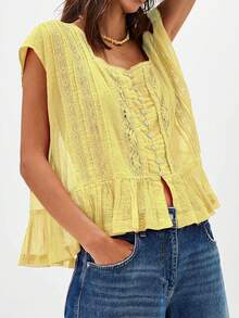 Women Summer Boho Tie Front Lace Trim Tank Tops Y2k Flowy Frilly Chiffon Vest Beach Button Ruffle Eyelet Tank Tops - Màu vàng - Xem 3