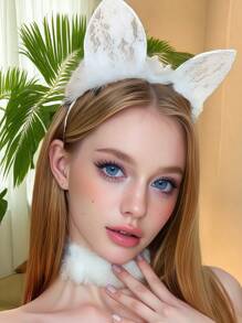 1 pièce Serre-tête élégant pour femmes avec oreilles de chat, dentelle et plumes moelleuses - accessoire cheveux en polyester non extensible pour le cosplay, les soirées déguisées, les événements extérieurs | Bandeau mode pour femmes (noir/blanc)