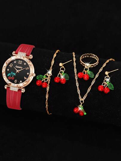 Set de 6 piezas con reloj de mujer de cuarzo de estilo simple con elementos de fruta, correa de piel de PU roja, pulsera, collar y aretes, adecuado para combinar con ropa diaria o como regalo para ocasiones festivas