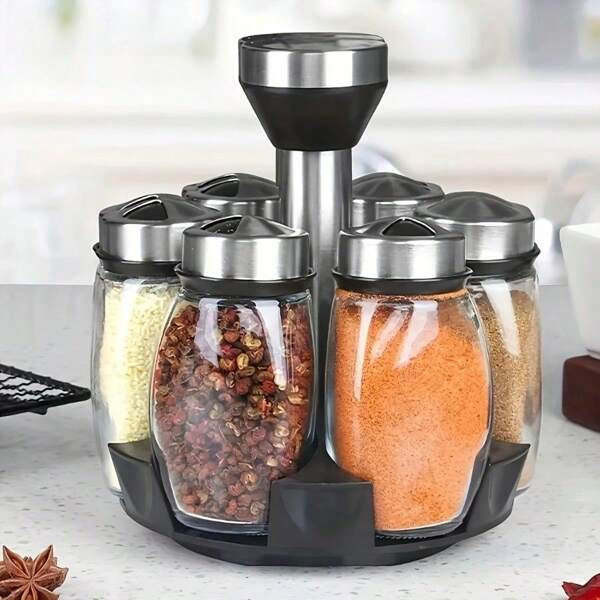 7 Stücke drehbare Gewürzblender am Boden, Küchen-Gewürzblender Set mit Salz-, Pfeffer- und Zuckerdosierern - perfekt für Küchenaufbewahrung und Organisation