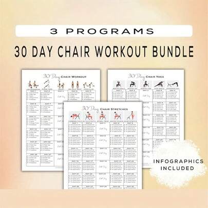 [2D Flat] 3 In 1 - 30 Day Chair Workout Poster - Interactive, Easy To Follow Beginner Fitness Guide Featuring Yoga & Stretching, Digital Fitness Plan, 8x10 Inch Frameless, Beginner Workout Plan Interactive Poster | Detailed Exercise Routine, Chair Workout Routine