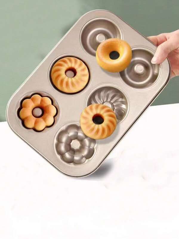 1pc Donut 6-Cavity Madeleine Hollow Baking Pan, 3 Windmill Flower Cake Non-Stick Golden Baking Tray