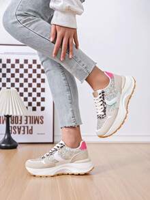 Sequin Patchwork Animal Print Patchwork Women's Sneakers, Platform Sneakers - Multicolor - View 2
