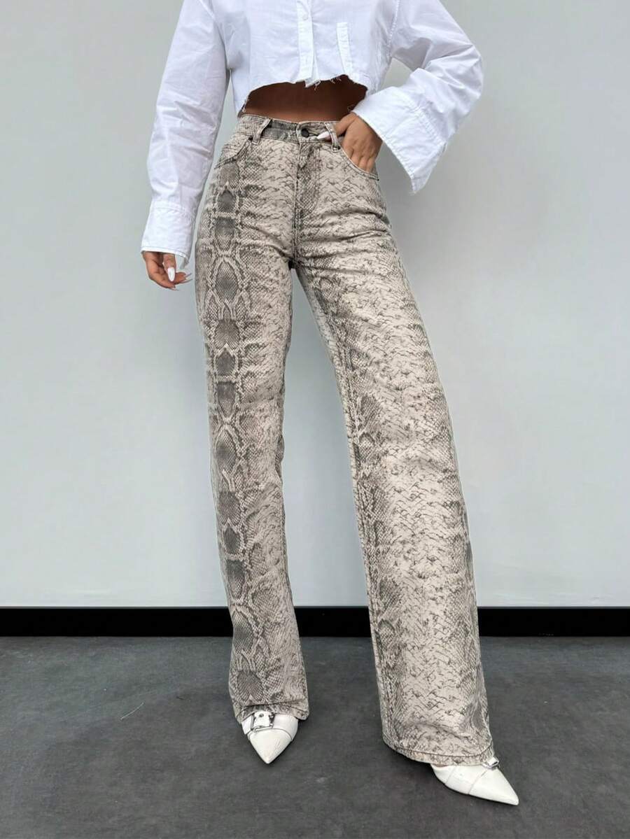 SQUALO Pantalones vaqueros de pierna ancha con estampado de serpiente estilo occidental para mujer