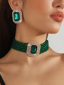 1 件优质几何方形紫红色空心绿白黑水晶串珠项链和 1 对配套耳环,适合正式礼服/日常百搭 2 件套 - JXJL21336-大長方水晶兩件套 - 查看 17