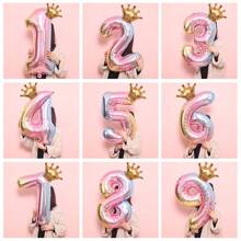 1pc 32-Inch Foil Gradient Number Crown Shape Balloon, Birthday Party Decoration, Baby Shower, Wedding Anniversary, Theme Party Decoration, Children's Birthday Decor Balloon