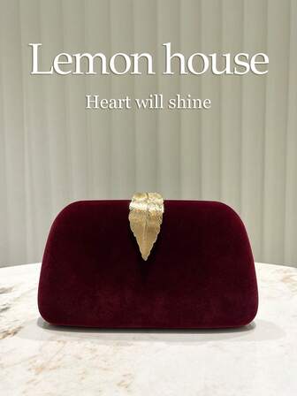 1pc Vintage Velvet Wine Red Color Elegant Ladies Clutch Bag, Metallic Leaf Decor, Formal Evening Handbag Suitable For Gala, Wedding, Special Occasion , New Year