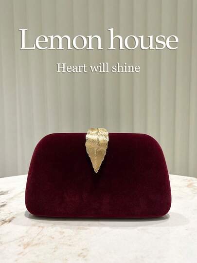 1pc Vintage Velvet Wine Red Color Elegant Ladies Clutch Bag, Metallic Leaf Decor, Formal Evening Handbag