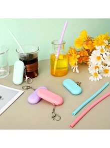 1-2set Reusable Silicone Straws With Case - Foldable, Portable Drinking Straws For Travel & Parties