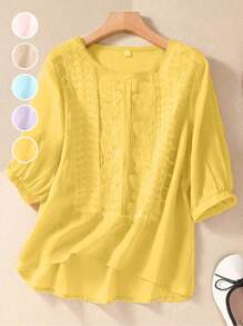 Women's Embroidery Loose Retro Casual Short Sleeve Blouse, Spring/Summer