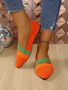 女士经典时尚黑色尖头平底鞋，户外防滑平底鞋，尖头平底运动鞋，平底乐福鞋，芭蕾平底鞋，闪光亮片平底鞋，弹性交叉带平底鞋，低帮平底鞋，豹纹平底鞋，适合派对、学校、日常穿着、户外健身、徒步旅行 - 亮橙色 - 查看 4