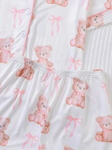 2pcs Girls Pajama Sets, Summer New Cute Teddy Bear Print Cardigan Shirt & Shorts Loungewear Homewear For Kids, Washable & Wearable Outside