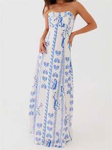 Women Summer Tube Top Long Dress Ruched Off Shoulder Midi Dress Sleeveless A-Line Evening Party Clubwear Maxi Dresses - 白色 - 查看 2