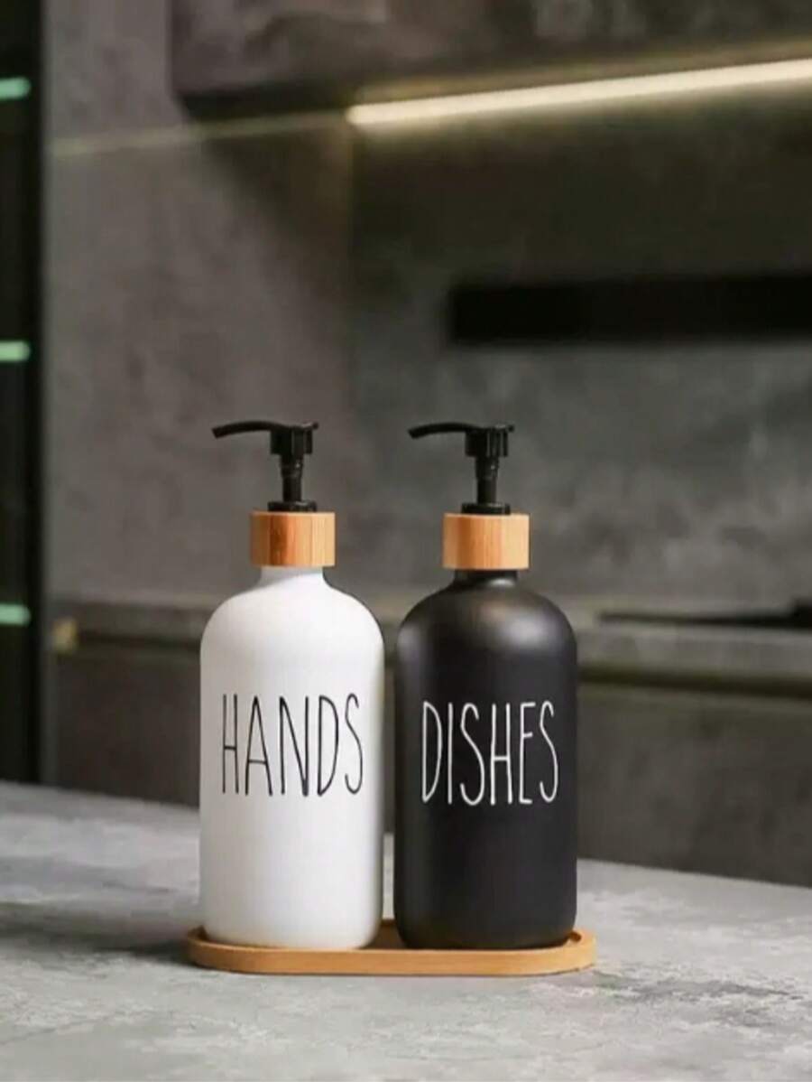 2 Black And White Frosted Dispensers, Glass Packaging Empty Bottles With 1 Tray, Detergent Container For Bathroom, Refillable Empty Bottles For Shampoo, Shower Gel, Conditioner, Bathroom Accessories Bathroom Decor Summer Back To School