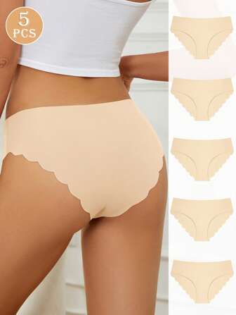 5 Pcs Sexy Scallop Trim Bikini Briefs, Comfortable Breathable Intimates Panties Solid Color No Panty Line Underpants Ladies Knickers Daily Wear, Women's Lingerie & Underwear Essentials