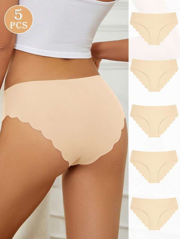 Calcinha de biquíni sexy com acabamento em vieira, 5 peças, confortável, respirável, íntima, cor sólida, sem vinco, calcinha feminina, uso diário, lingerie feminina e itens essenciais para roupa íntima