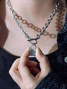 1pc Titanium Steel Padlock Pendant Necklace, Vintage Personalized Hip Hop Ins Locket Sweater Chain, Matching Unisex/Couple - Silver - View 1