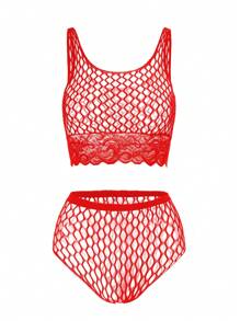1 pezzo Set di biancheria intima sexy da donna: top crop con bretelle e pantaloncini, in stile retina rossa
