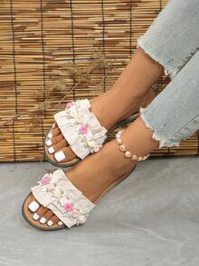 Damskie codzienne płaskie sandały plażowe z nadrukiem kwiatowym, odpowiednie na wakacje i na zewnątrz - Beżowy - Zobacz 2