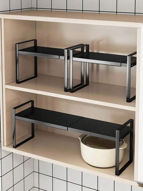 1pc Expandable Multipurpose Cabinet Organizer Rack, Can Extend Up To 55cm/22in, Multi-Tier Storage, Kitchen Cabinet Shelf, Multifunctional Metal Rack For Pots Pans, Suitable For: Kitchen Cabinets, Countertops, Under Sink, Rust & Moisture Proof, Space-Saving, Suitable As Housewarming/Kitchen Decor Gift