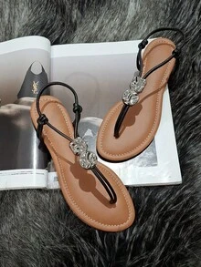 Women's Caramel Flat Sandal With Adjustable Embellishment - 黑色 - 查看 3