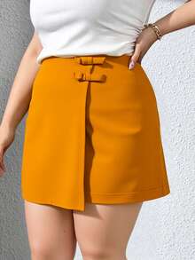 Skort de Cintura Elástica con Abertura Delantera – Talla Extra        Cremallera  Envolvente  Anilla - Naranja - Ver 4