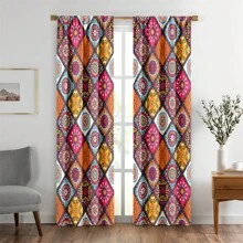 1Set/2pcs Colorful Bohemian Pattern Curtains, Polyester 100%Material Semi-Shading - UV Protection Polyester Drapes With Vibrant Mandala Print Patterns,These Window Drapes Provide Privacy And Serve As Decorative Elements For The Living Room