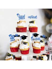 12pcs/Set 2025 Graduation Cupcake Toppers, 2025 Shiny Graduation Cupcake Decorations, 2025 Grad Class Congratulations Graduation Cap & Diploma Cupcake Picks, 2025 Blue And Black, Gold