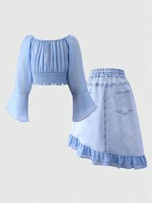 2件套女童休闲印花半裙和短袖上衣，夏季 - 淺色水洗藍 - 查看 5