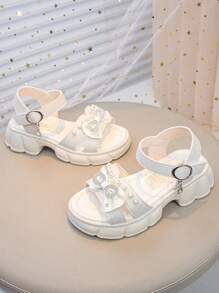 1 Pair Girls' Open Toe Crystal Bow Hook & Loop Princess Style Sandals, Non-Slip Breathable Suitable For Summer Travel & Vacation