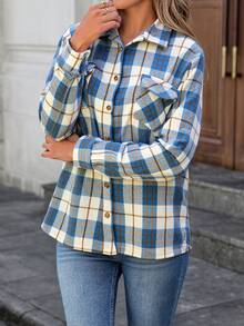 Camisa dama clásica cuadros manga larga cómoda corte recto blusa mujer botones clima frío mujer leñadora franela - Azul - Ver 3