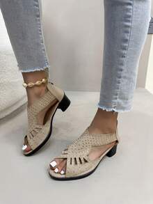 2025 New Summer Low Block Heel Sandals For Girl, Rhinestone Hollow Rearside Zipper Convenient Open-Toe Beach Wear Boho Style Slippers, Multiple Colors Available - Beige - View 4