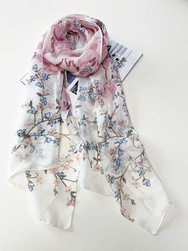 1pc Floral Print Casual Polyester Gradient Color Scarf, Suitable For All Seasons