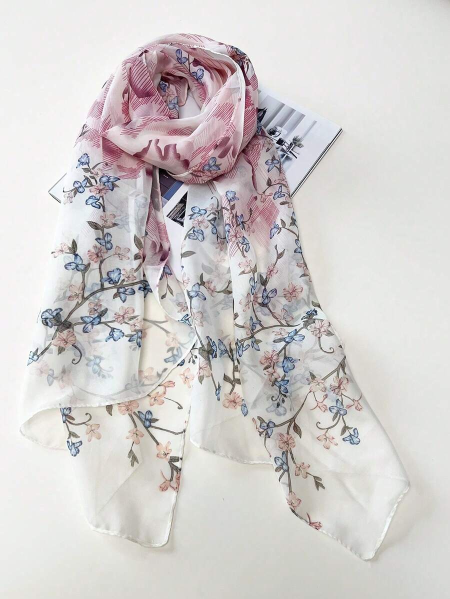 1 pieza Bufanda de poliéster con estampado floral y color degradado, adecuada para todas las estaciones