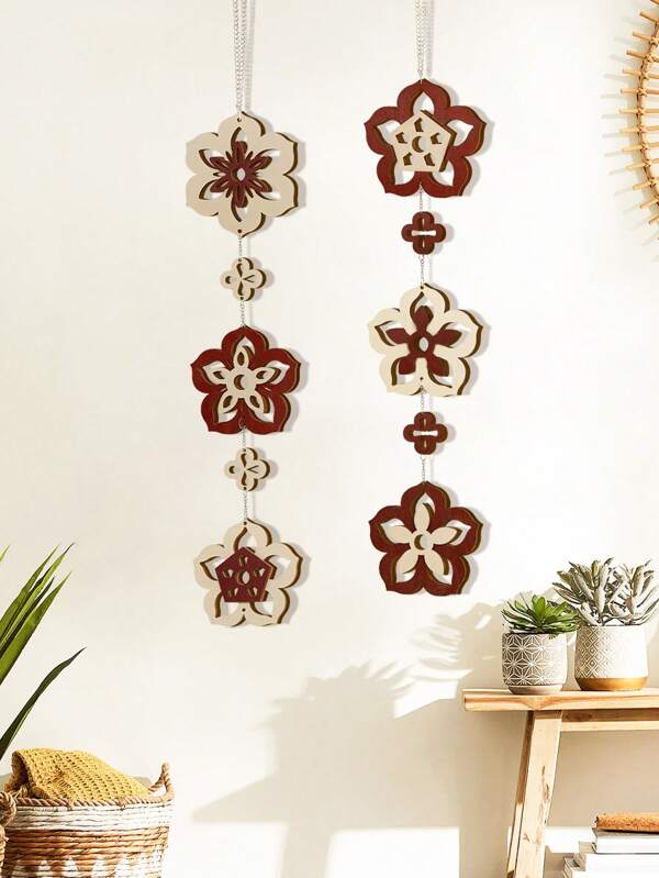 2 piezas Decoración colgante de pared de madera vintage bohemio con flores, de doble capa con patrón de flores, arte de pared de madera adecuado para habitación, sala de estar, decoración floral de granja, fácil de instalar, regalo perfecto para ocasiones especiales