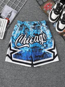 1 pieza Pantalones cortos de rodilla, estilo casual y de moda con estampado de Chicago, olas y estrellas, para niños, primavera/verano