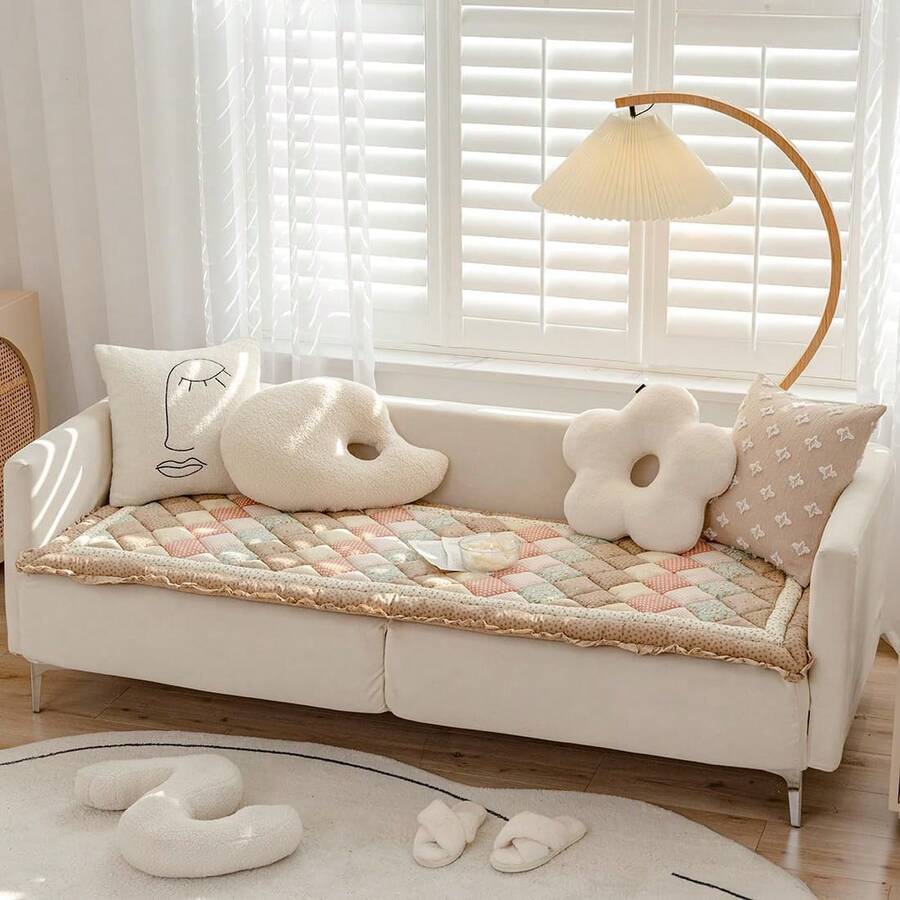 Local Delivery-Boho Handmade Patchwork Sofa Cover Floral Print Floor Mat Area Rugs Non Slip Soft Sofa Slipcover (Coffee,24"X63"),Cotton Quilted Thick Dog Couch Cover For Sofa - Coffee - View 1