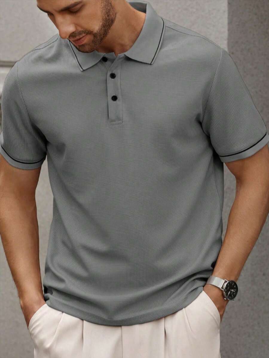 男士大码条纹短袖休闲办公Polo衫 - 深灰色 - 查看 1