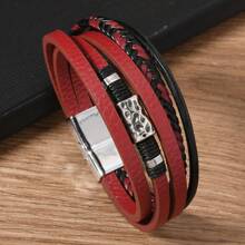 1pc Vintage PU Leather Braided Bead Magnetic Clasp Men's Bracelet, Beaded Pattern Decor, Suitable For Daily Wear, Holiday Gift