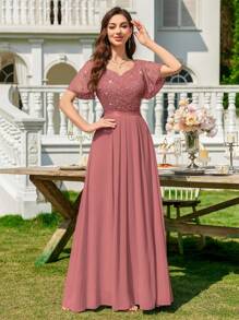 MIUSOL Contrast Sequin Lace Sweetheart Neck Flounce Sleeve Evening Party Long Dress Elegant Formal Prom Wedding Guest Gown, For Graduation, Dinner