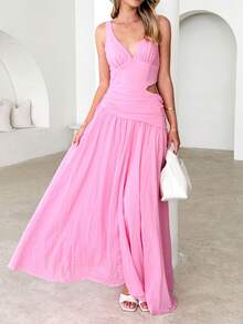 Romantic V-Neck Sleeveless Solid Color Patchwork Large Hem Long Dress, Perfect For Date Nights And Party Dresses - Hot Pink - View 5