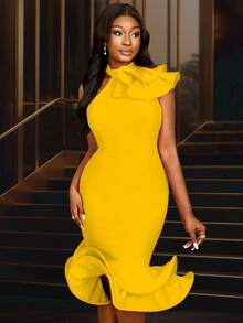 Vestido de fiesta elegante amarillo con volantes estilo halter y cola de sirena para dama - Ideal para Pascua, San Valentín, cumpleaños, boda, graduación, cena, regreso a casa, cita, fiesta, dama de honor, invitada de boda, graduación - Amarillo - Ver 6