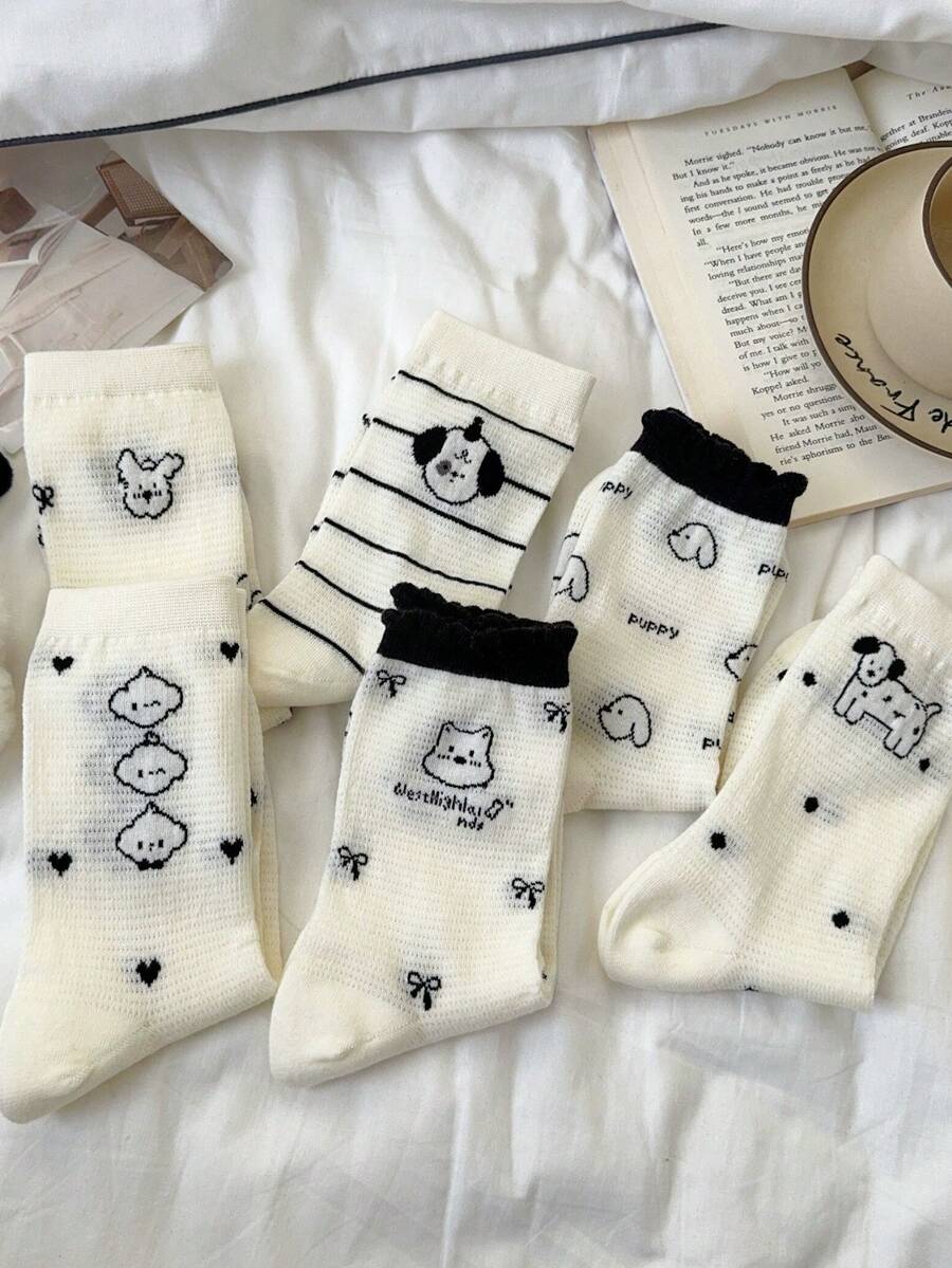 6pairs White Mesh Cartoon Puppy Socks For Women In Middle Socks Summer Thin Jk Piles Of Stockings