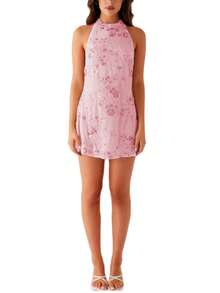 Y2k Sequin Beaded Halter Mini Dress For Women Sexy Sparkle Tie Up Backless Bodycon Dress Summer Floral Embellished Rhinestone Sexy Dresses Clubwear Cocktail Party Streetwear Aesthetic Clothes - 粉色 - 查看 1