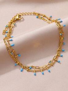 波西米亚风彩色流苏不锈钢沙滩脚链，18K 镀金防褪色防水双层链脚链，海滩度假珠宝配饰，送给母亲/挚友的完美礼物 - 不銹鋼 - 查看 9