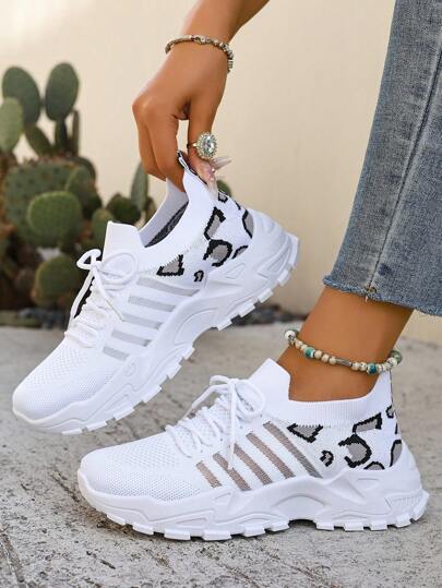Women's Fashion Leopard Print Sneakers, Casual Lace-Up Outdoor Running Shoes, Chunky Sole Chunky Sneakers, Versatile Classic White Sneakers